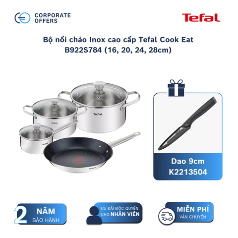 Bộ nồi chảo Inox cao cấp Tefal Cook Eat B922S784 (16, 20, 24, 28cm)