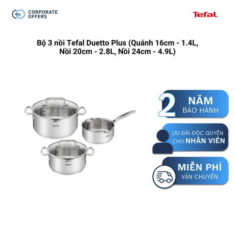 Bộ 3 nồi Tefal Duetto Plus (Quánh 16cm - 1.4L, Nồi 20cm - 2.8L, Nồi 24cm - 4.9L)