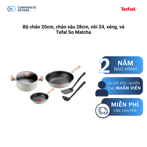 Bộ chảo 20cm, chảo sâu 28cm, nồi 24, xẻng, vá Tefal So Matcha