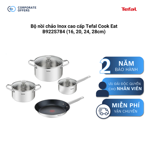 Bộ nồi chảo Inox cao cấp Tefal Cook Eat B922S784 (16, 20, 24, 28cm)