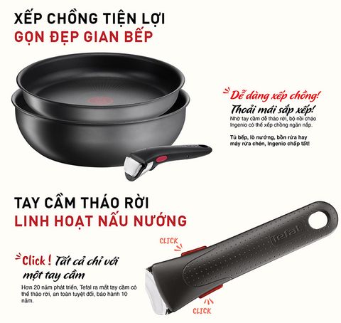 Bộ nồi chảo cán rời 3 món Tefal Ingenio Daily Chef (chảo chiên 24cm, chảo chiên 20cm, tay cầm rời)