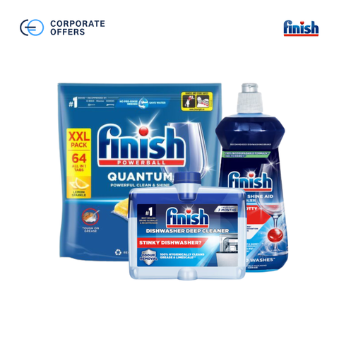 Combo Finish nâng cao 3: Viên Rửa Chén Bát Finish Powerball Quantum 64 viên + Nước làm bóng 500ml + Dung dịch vệ sinh máy