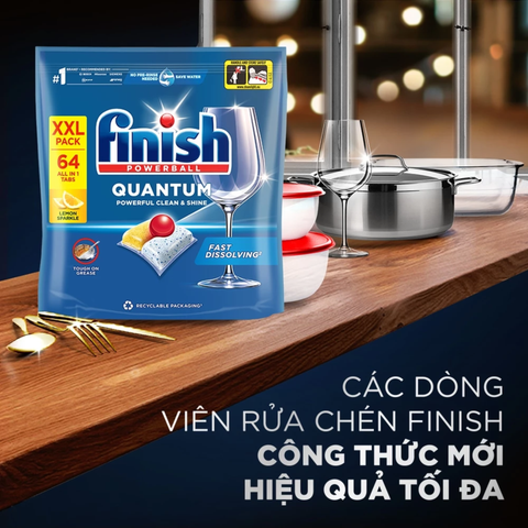 Combo Finish nâng cao 3: Viên Rửa Chén Bát Finish Powerball Quantum 64 viên + Nước làm bóng 500ml + Dung dịch vệ sinh máy