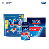Combo Tiện Lợi 1:  Viên Rửa Chén Bát Finish Powerball Quantum 64 viên + Nước làm bóng 500ml + Muối rửa chén 2kg