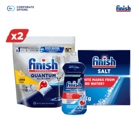 Combo Tiện Lợi 2: 2xViên rửa chén Finish Quantum 21 viên + Nước Làm Bóng 500ml + Muối rửa chén 2kg