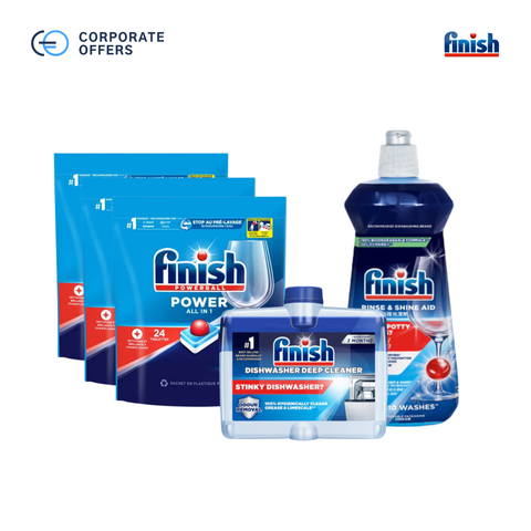 Combo Tiêu Chuẩn: 3xTúi 24 Viên Rửa Bát All In One + Nước Làm Bóng FInish 500ml + Dung Dịch Tẩy Rửa Máy Rửa Chén 250ml