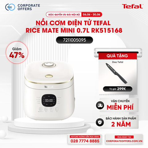 Nồi cơm điện tử Tefal Rice Mate Mini 0.7L RK515168 (Tặng 1 Dao gọt trái cây Tefal Comfort 9cm)