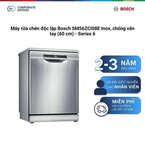 Máy rửa chén độc lập Bosch SMS6ZCI08E Inox, chống vân tay (60 cm) - Series 6