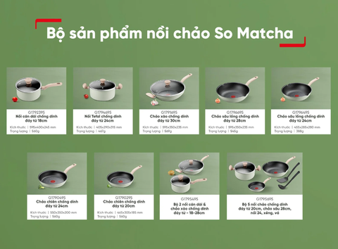 Bộ chảo 20cm, chảo sâu 28cm, nồi 24, xẻng, vá Tefal So Matcha
