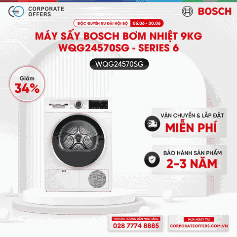 Máy sấy bơm nhiệt 9kg Bosch WQG24570SG - Series 6