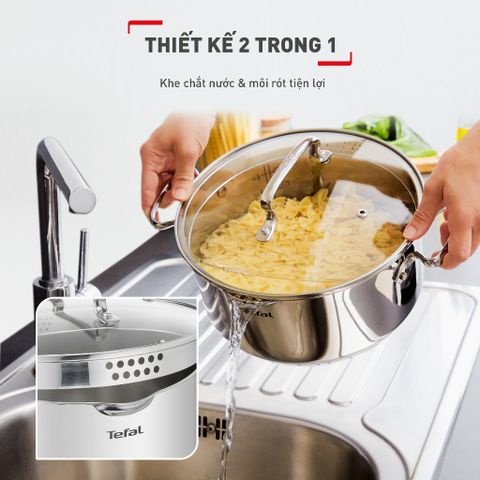 Bộ 5 nồi Inox cao cấp Tefal Duetto Plus, quánh 16cm/nồi 18cm/nồi 20/nồi 22cm/nồi 24cm (Tặng 1 Dao gọt trái cây Tefal Comfort  K2213504 - 9cm)