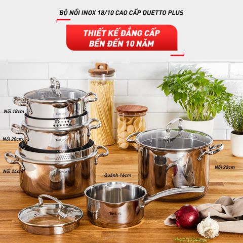 Bộ 5 nồi Inox cao cấp Tefal Duetto Plus, quánh 16cm/nồi 18cm/nồi 20/nồi 22cm/nồi 24cm (Tặng 1 Dao gọt trái cây Tefal Comfort  K2213504 - 9cm)