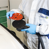  Giấy nhám tròn màu đỏ, dạng film nhựa, kích thước 150mm 