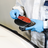  Giấy nhám tròn màu đỏ, dạng film nhựa, kích thước 150mm 