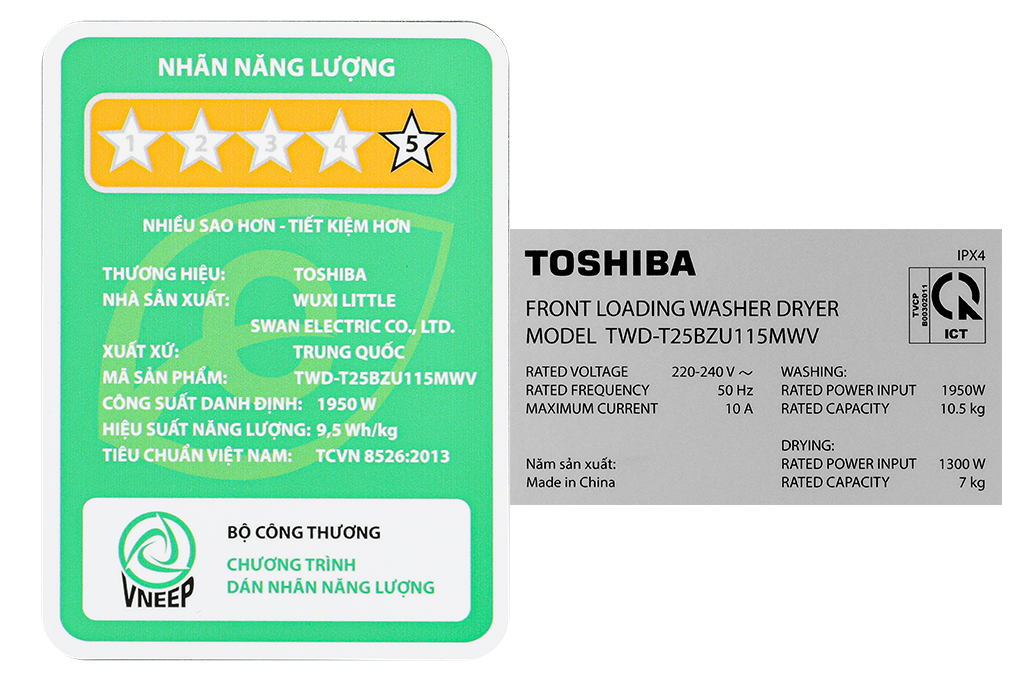 Máy giặt sấy Toshiba Inverter giặt 10.5 kg - sấy 7 kg TWD-T25BZU115MWV(MG)