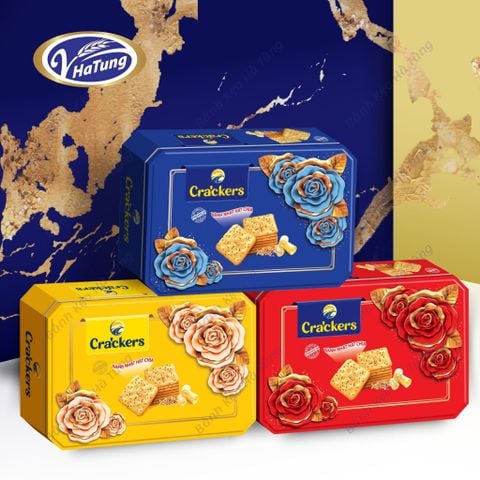 Bánh quy hạt chia Hoa Hồng Cracker - Hộp vát góc kèm túi xách 260g, 3 màu xanh, đỏ, vàng