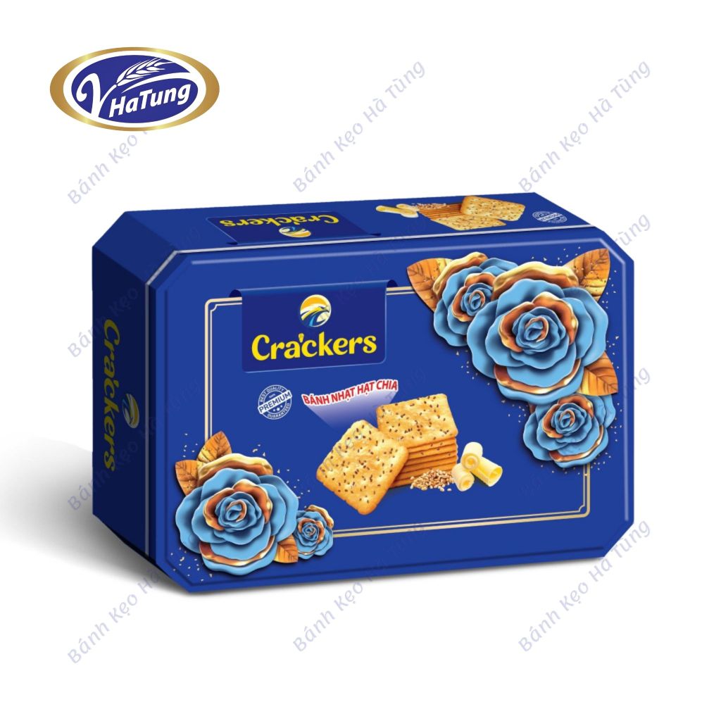 Bánh quy hạt chia Hoa Hồng Cracker - Hộp vát góc kèm túi xách 390g, 3 màu xanh, đỏ, vàng