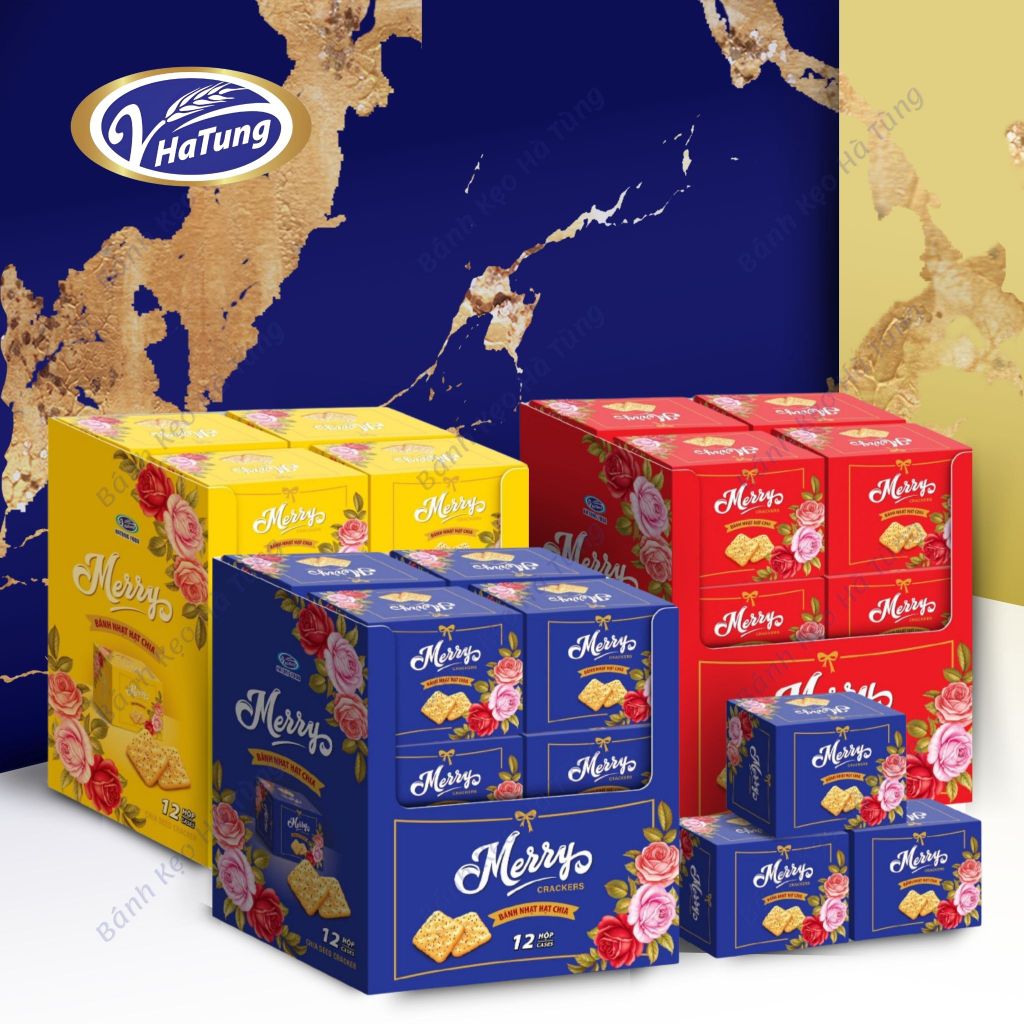 Bánh quy healthy hạt chia Merry - Lốc 12 hộp, 3 màu vàng, xanh, đỏ