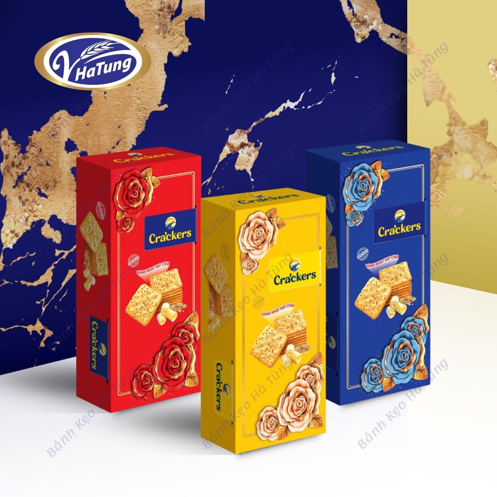 Bánh quy bơ giòn Hoa Hồng Cracker - Hộp 120g, 3 màu xanh, đỏ, vàng