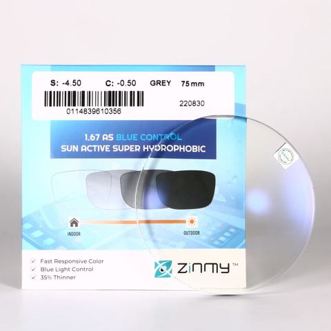 Tròng Đổi Màu ZINMY UV400 BLUE CONTROL BLUE SUN 1.67 Màu Xám Khói