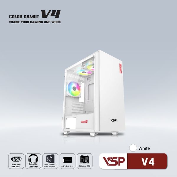 Thùng máy vỏ case máy tính VSP V4 - Trắng/Xanh/Hồng/Đen