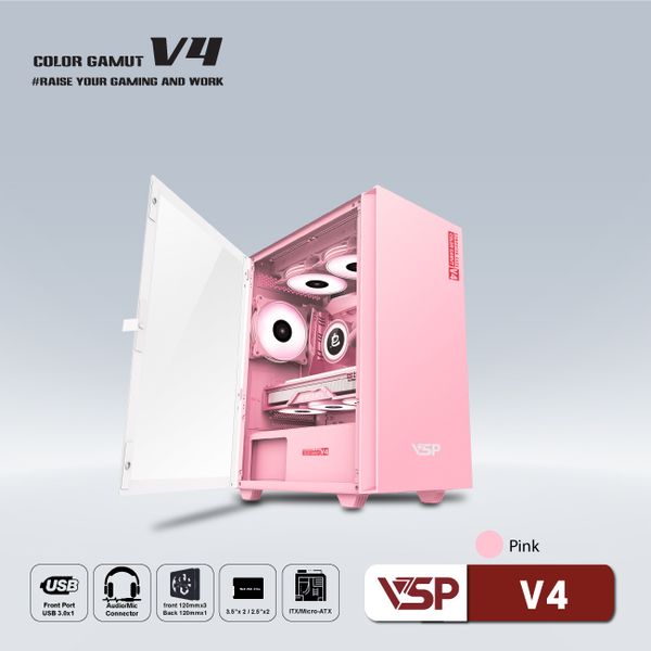 Thùng máy vỏ case máy tính VSP V4 - Trắng/Xanh/Hồng/Đen