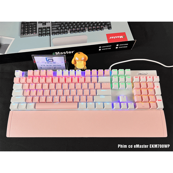 Bàn phím cơ Gaming EMASTER EKM700WP Hồng - Trắng (Full size 104 phím, Blue switch, kèm kê tay)