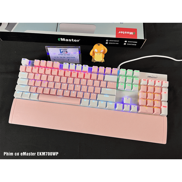 Bàn phím cơ Gaming EMASTER EKM700WP Hồng - Trắng (Full size 104 phím, Blue switch, kèm kê tay)