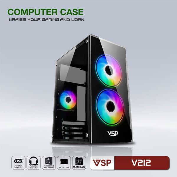Thùng máy vỏ case máy tính VSP V212 - XANH, ĐEN, TRẮNG, HỒNG