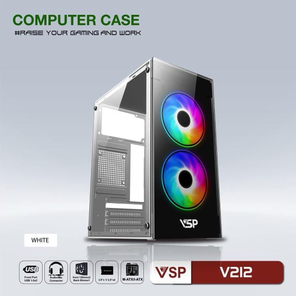 Thùng máy vỏ case máy tính VSP V212 - XANH, ĐEN, TRẮNG, HỒNG