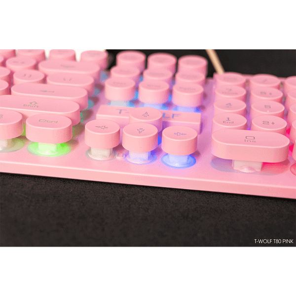 Bàn phím giả cơ T-Wolf T80 ( Màu Hồng, Phím tròn, Cổng USB, LED )