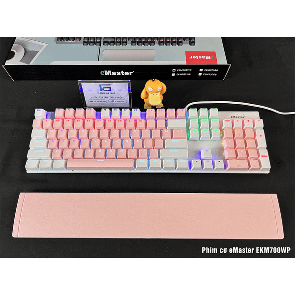 Bàn phím cơ Gaming EMASTER EKM700WP Hồng - Trắng (Full size 104 phím, Blue switch, kèm kê tay)