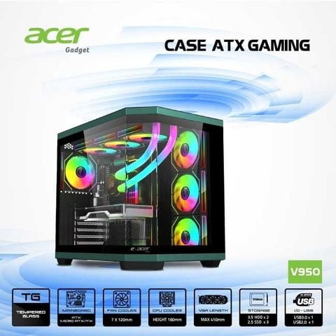 Thùng máy Case Acer V950 ATX - Đen (Sẵn 4 Fan)