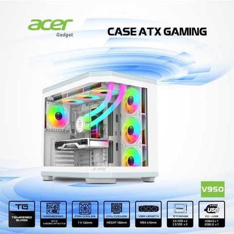 Thùng máy Case Acer V950 ATX - Trắng (Sẵn 4 Fan)