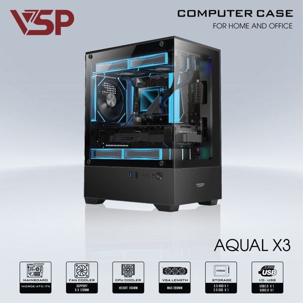 Thùng máy vỏ case máy tính VSP  AQUAL X3 - ĐEN