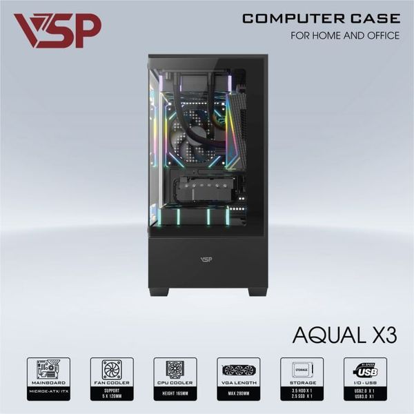 Thùng máy vỏ case máy tính VSP  AQUAL X3 - ĐEN