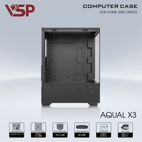 Thùng máy vỏ case máy tính VSP  AQUAL X3 - ĐEN