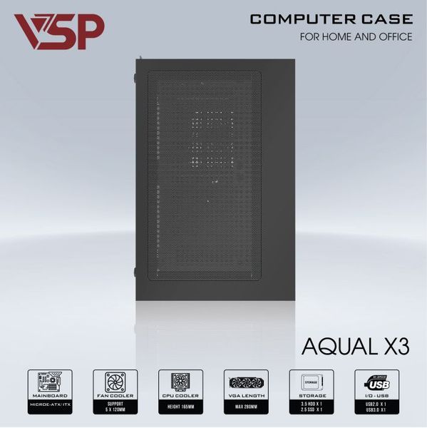 Thùng máy vỏ case máy tính VSP  AQUAL X3 - ĐEN