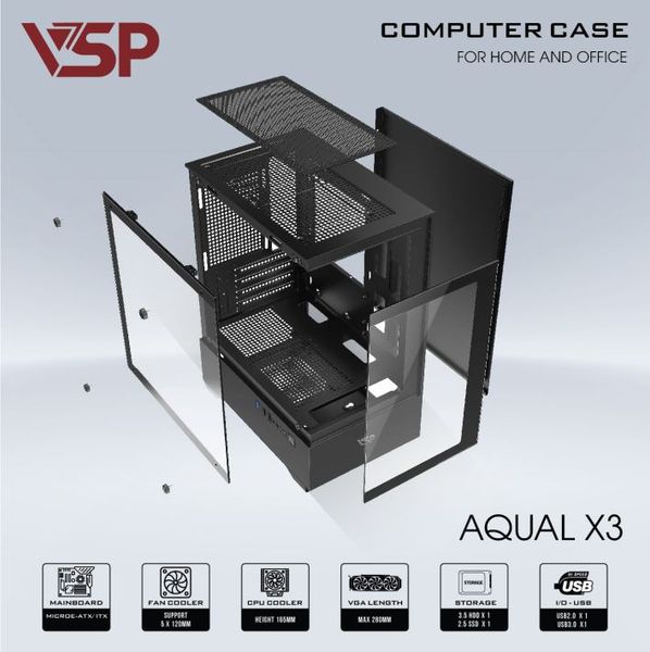 Thùng máy vỏ case máy tính VSP  AQUAL X3 - ĐEN