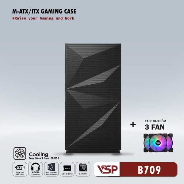 Thùng máy vỏ case máy tính VSP Gaming Mid Tower B709 - Đen ( sẵn 3 Fan )