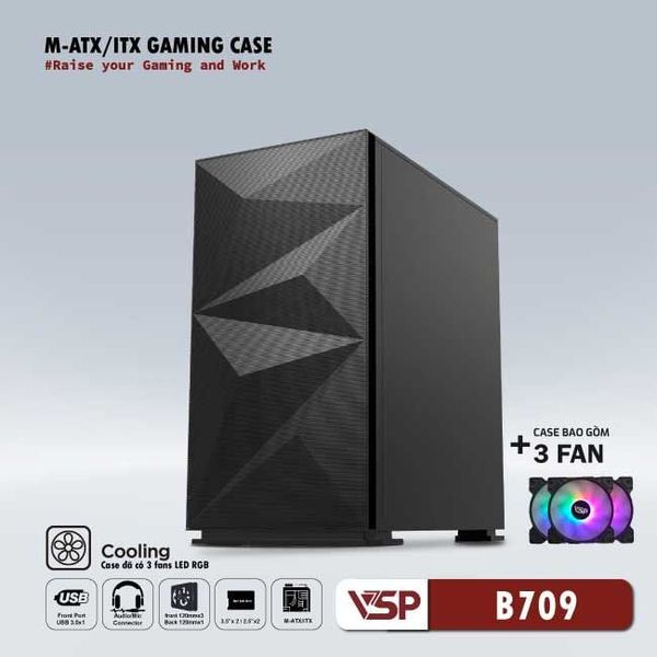 Thùng máy vỏ case máy tính VSP Gaming Mid Tower B709 - Đen ( sẵn 3 Fan )