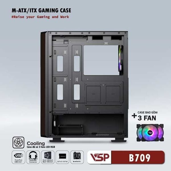 Thùng máy vỏ case máy tính VSP Gaming Mid Tower B709 - Đen ( sẵn 3 Fan )