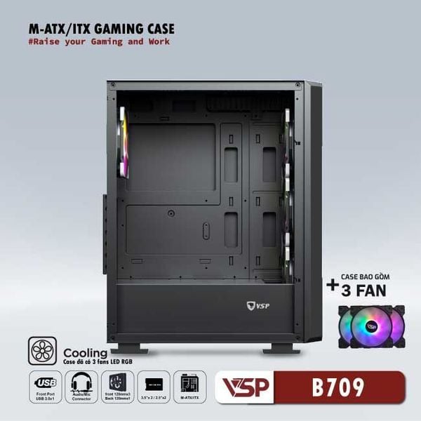 Thùng máy vỏ case máy tính VSP Gaming Mid Tower B709 - Đen ( sẵn 3 Fan )