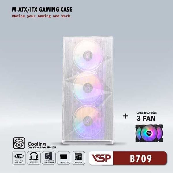 Thùng máy vỏ case máy tính VSP Gaming Mid Tower B709 - Trắng ( sẵn 3 Fan )