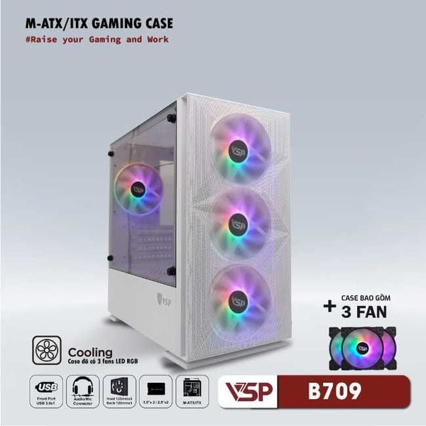 Thùng máy vỏ case máy tính VSP Gaming Mid Tower B709 - Trắng ( sẵn 3 Fan )