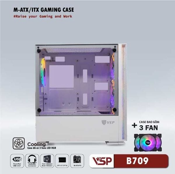 Thùng máy vỏ case máy tính VSP Gaming Mid Tower B709 - Trắng ( sẵn 3 Fan )
