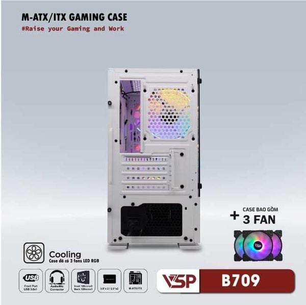 Thùng máy vỏ case máy tính VSP Gaming Mid Tower B709 - Trắng ( sẵn 3 Fan )