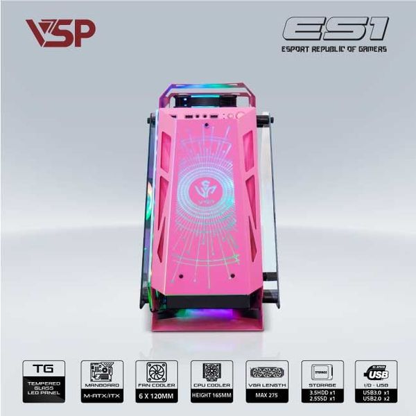 Thùng máy vỏ case máy tính VSP GAMING ES1 - Hồng