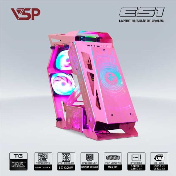 Thùng máy vỏ case máy tính VSP GAMING ES1 - Hồng