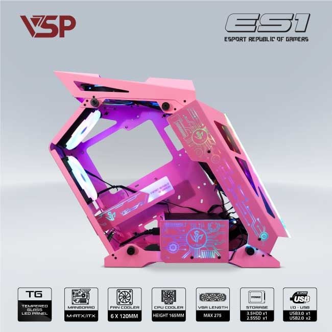 Thùng máy vỏ case máy tính VSP GAMING ES1 - Hồng